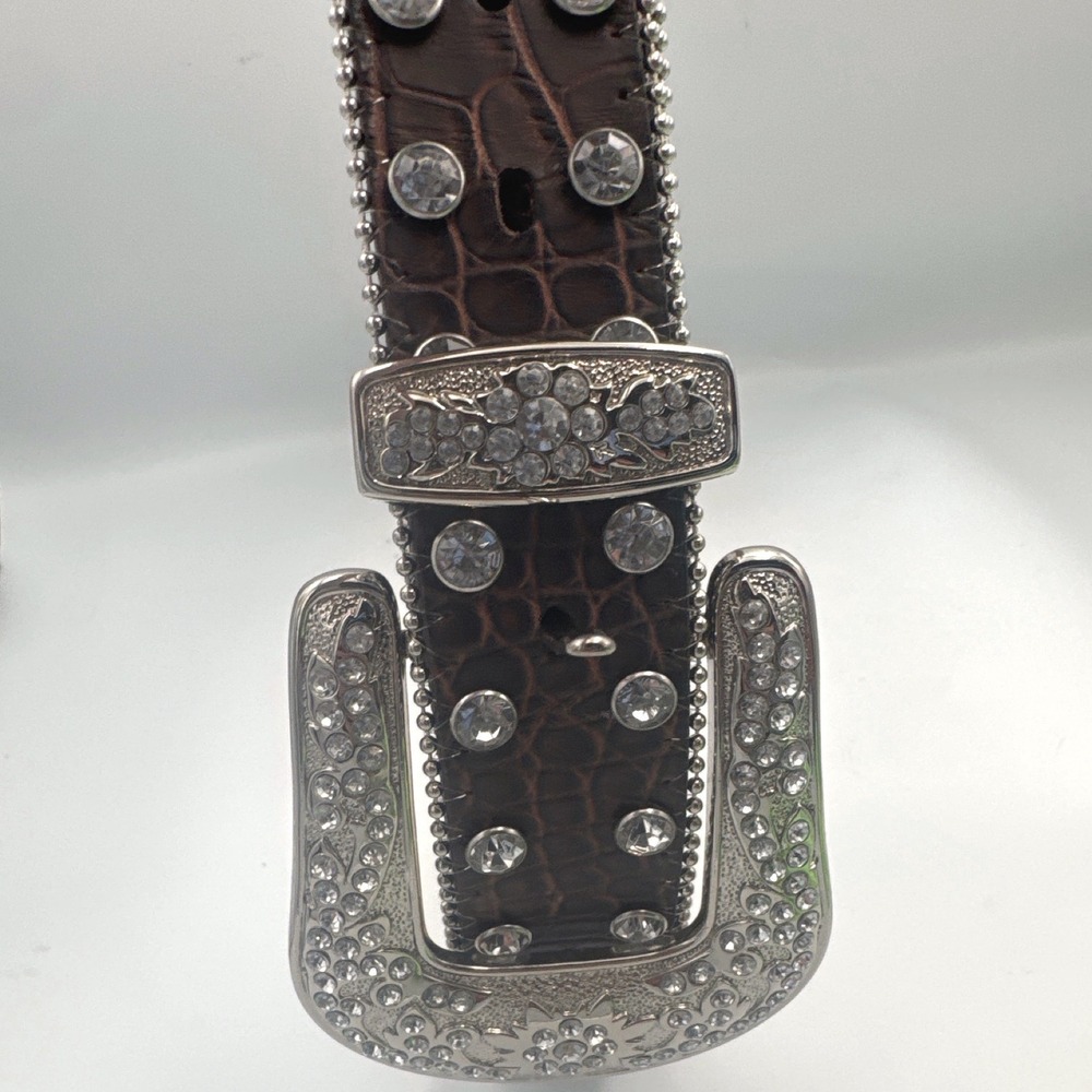 Western Belt Womens XL Brown Leather Croc Rhinestone Medallion Cowgirl Rodeo - Picture 5 of 10